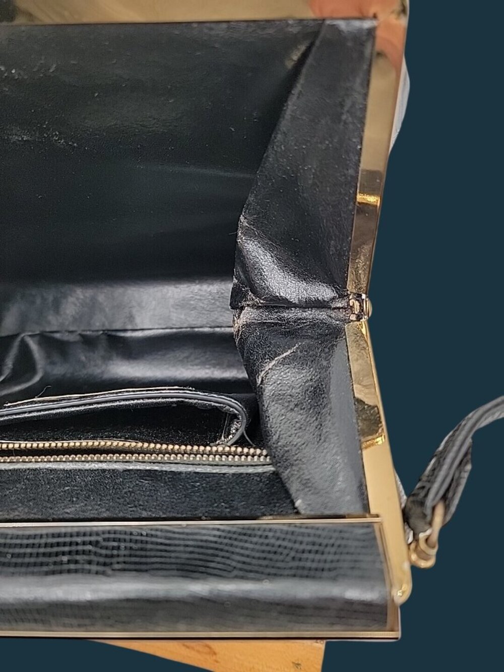Vintage Sterling USA Black Genuine Lizard Skin Handbag Mid Century Frame Purse - Picture 10 of 16